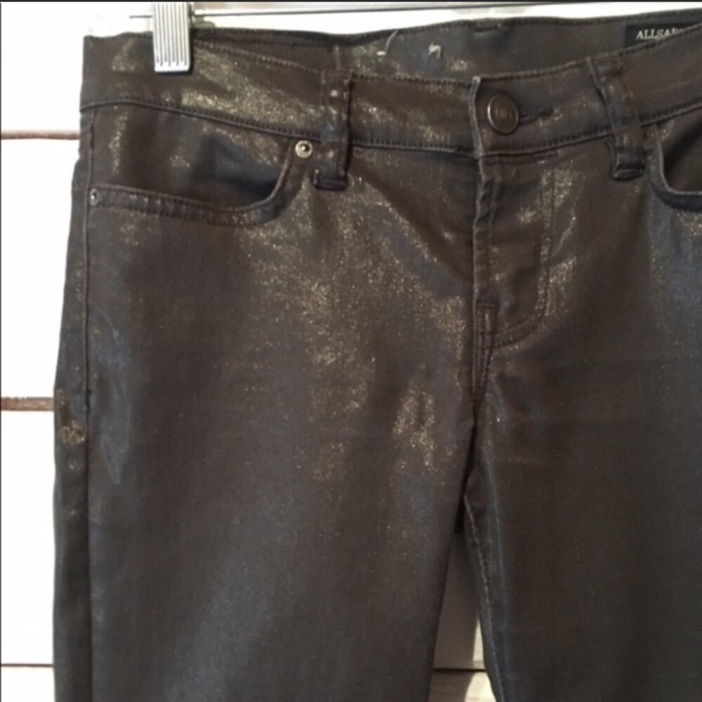 All Saints dark gray wax coated jeans.